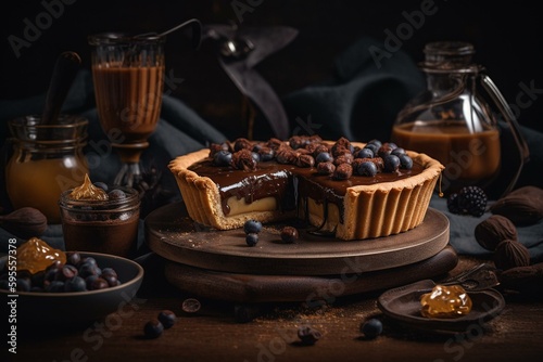 Decadent dessert with rich chocolate and sweet honey pie filling. Generative AI