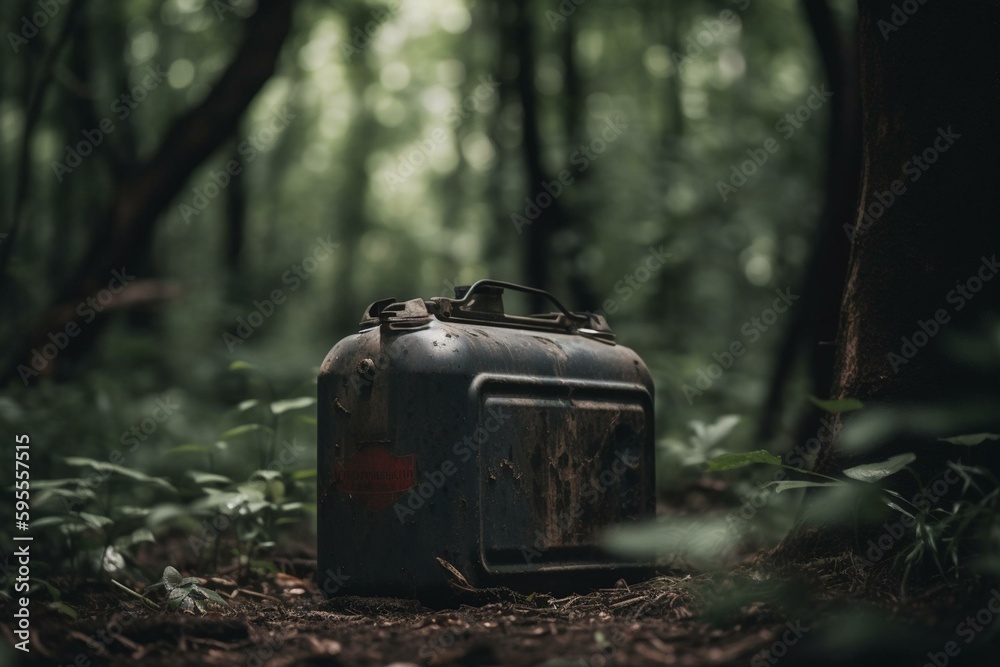 Vacant gas can for summer fuel amidst woods. Generative AI Stock