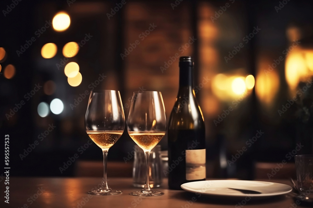 Restaurant background with two wine glasses and a wine bottle on table, copy space Restaurant background with two wine glasses and a wine bottle on table, copy space