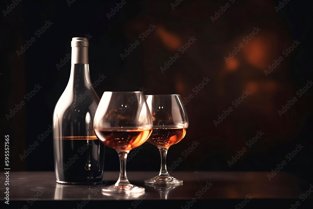Restaurant background with two wine glasses and a wine bottle on table, copy space Restaurant background with two wine glasses and a wine bottle on table, copy space