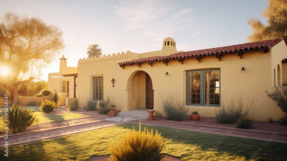 Fototapeta premium Adobe revival exterior house design in daytime golden hour generative ai