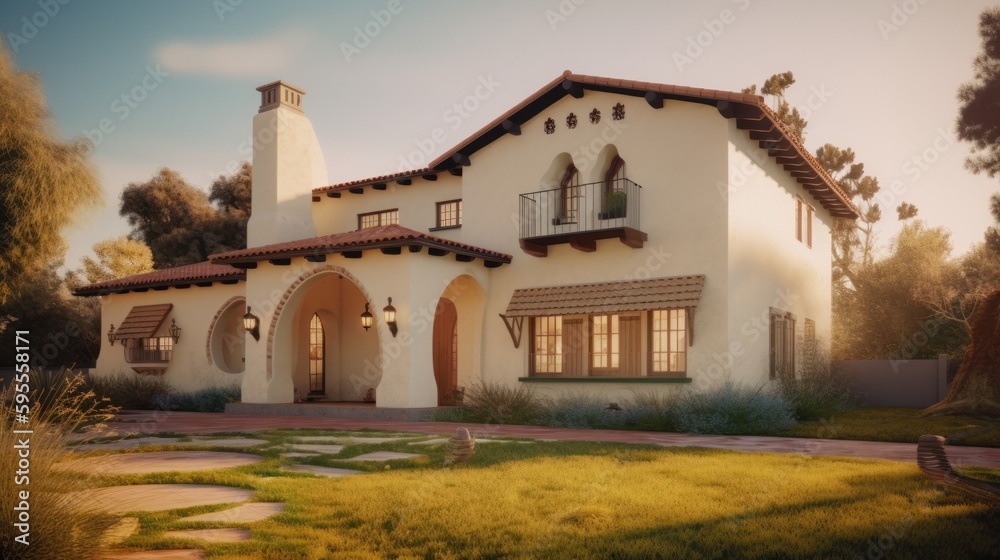 Adobe revival exterior house design in daytime golden hour generative ai