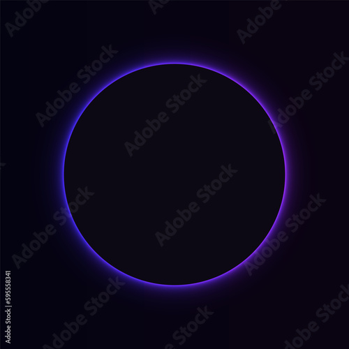 Black circle frame illuminated with blue and violet gradient. Abstract colorful round border background. Realistic glowing neon lighting with copy space.  Vector illustration