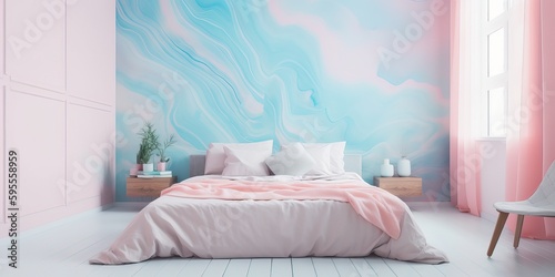 Colorful interior fashion design bedroom. Pastel colors. Modern contemporary unicorncore aesthetics design. Dreamy  elegant  glossy bedroom. Generative AI.