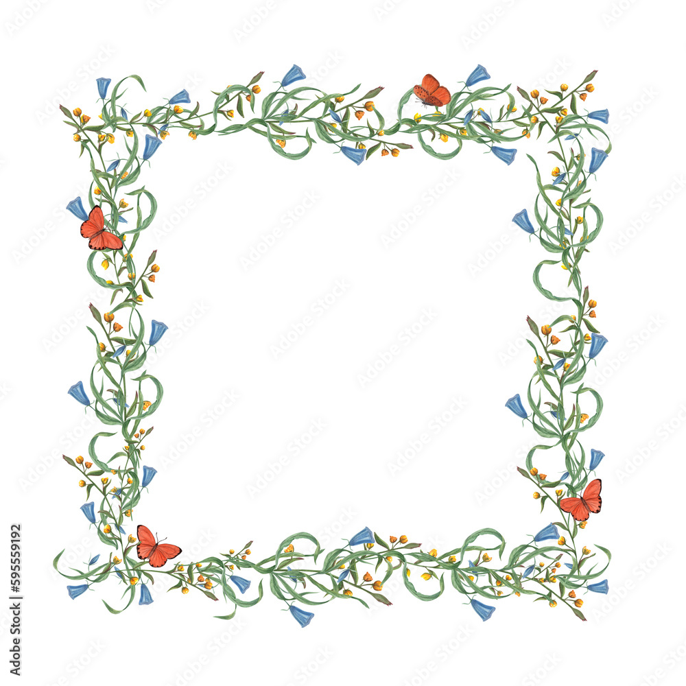 Watercolor birthday square frame with flowers, butterflies isolated on  transparent background . Festive Illustration for greeting, birthday cards design, invitation template, decoration