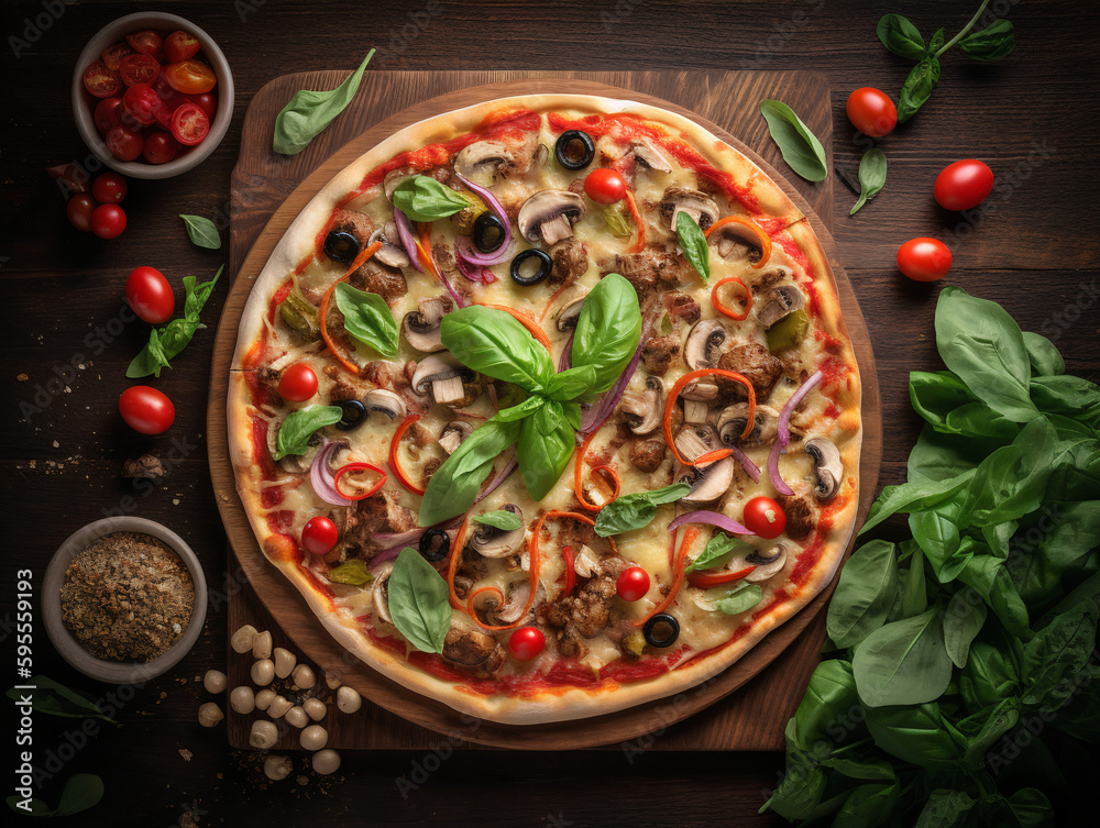 A top-down shot of a delicious-looking pizza on a wooden table with fresh ingredients arranged around it.