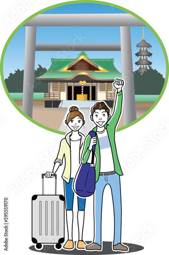 寺社仏閣を訪れるカップルの観光客