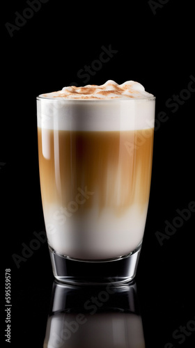Cafe Latte Macchiato im runden Glas auf schwarzem Hintergrund. Hochkant. Generative Ai.