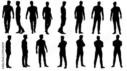 collection of different silhouette male body posing with business working suit, isolated vector