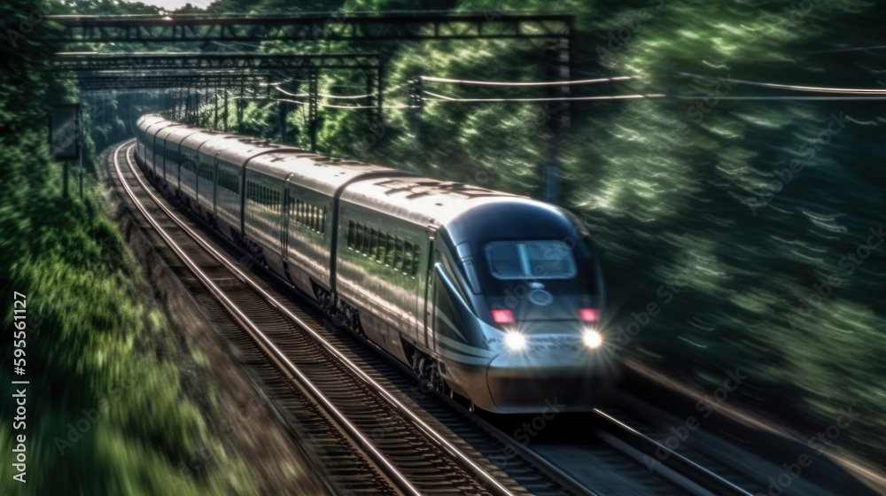 Naklejka premium High-speed train, motion blur, slow shutter camera speed created with generative AI technology