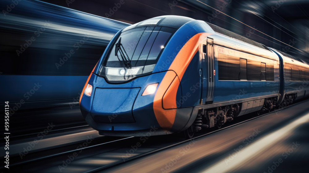 Fototapeta premium High-speed train, motion blur, slow shutter camera speed created with generative AI technology