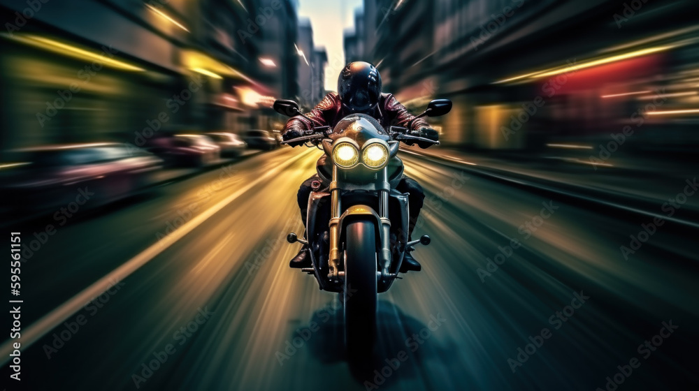 Obraz premium A biker on a motocycle in a night city, motion blur, slow shutter camera speed created with generative AI technology