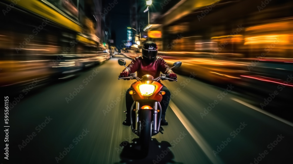 A biker on a motocycle in a night city, motion blur, slow shutter camera speed created with generative AI technology