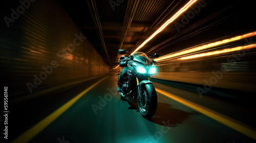 A biker on a motocycle in a night city, motion blur, slow shutter camera speed created with generative AI technology © Neuroshock