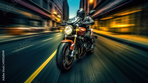 A biker on a motocycle in a night city, motion blur, slow shutter camera speed created with generative AI technology