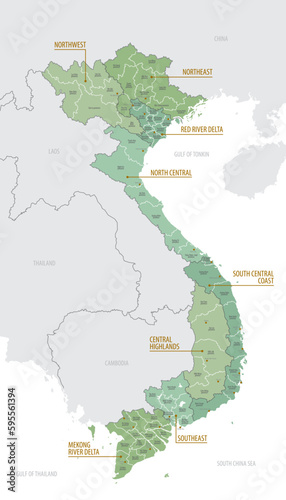 Detailed map of Vietnam with administrative divisions into regions and Provinces, major cities of the country, vector illustration onwhite background