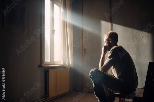 Nachdenklicher Mann sitzt alleine zuhause vor einem Fenster - Generative AI photo