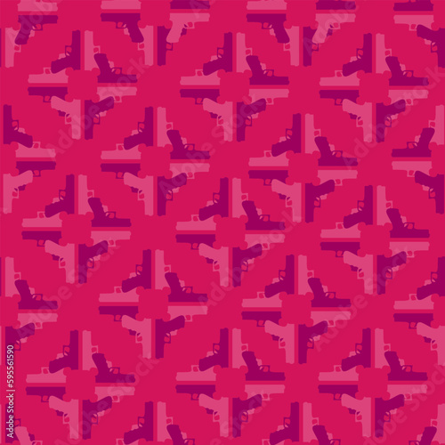 Background with magenta colors, geometrically repeating pistols. Seamless pattern.