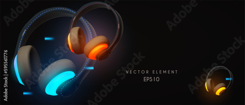 3d Headphones background. Music, radio. concert or game neon light concept, poster design element.