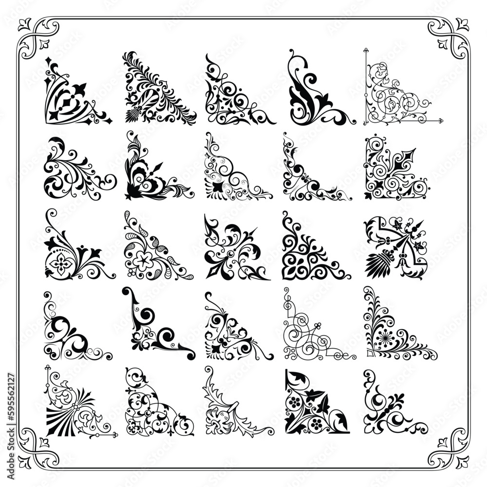 Set of decorative corner frames. Vintage calligraphic corners and