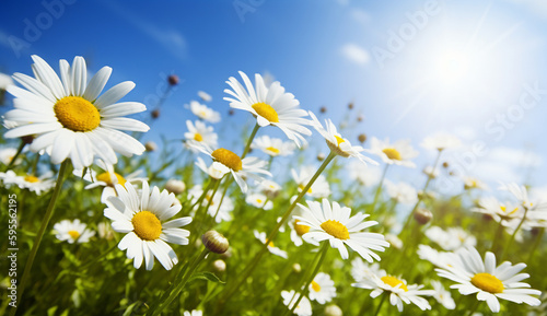 Beautiful spring background with blooming chamomile and a blue sky  on a sunny day.