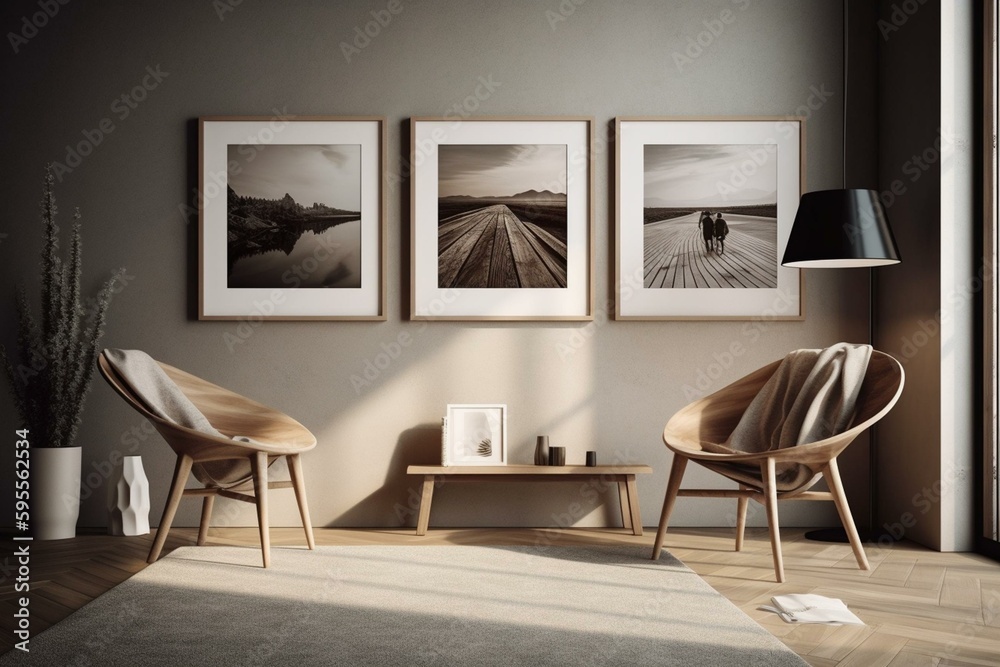 White poster frames in contemporary room with wooden wall and chair, 3D render. Generative AI