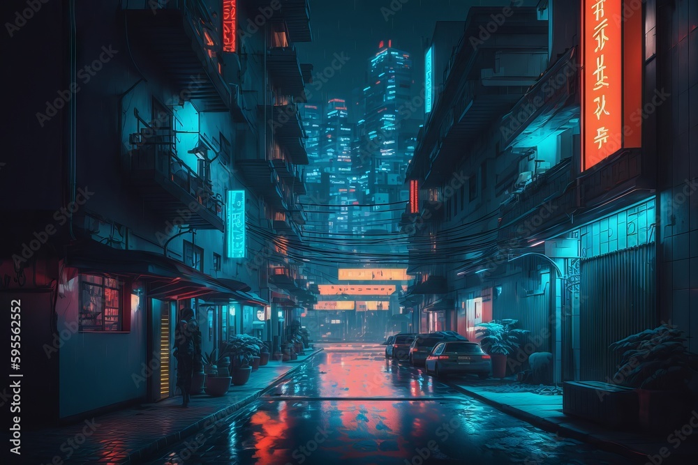 Fototapeta premium Cyberpunk city street illustration