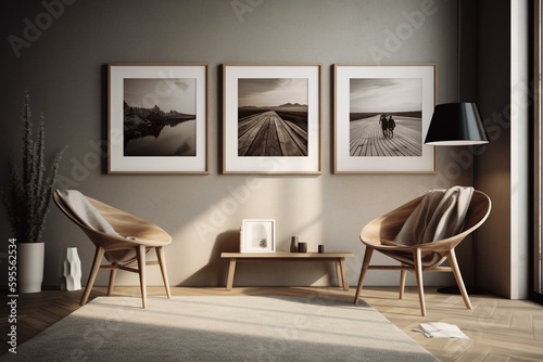 White poster frames in contemporary room with wooden wall and chair, 3D render. Generative AI © Evelina