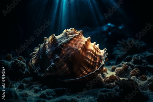 Glowing seashell adrift in deep ocean, strong background of nature. Generative AI