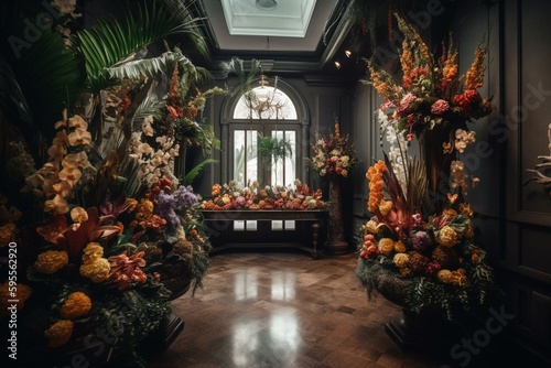 A foyer adorned with exotic and tropical flowers in a floral arrangement. Generative AI