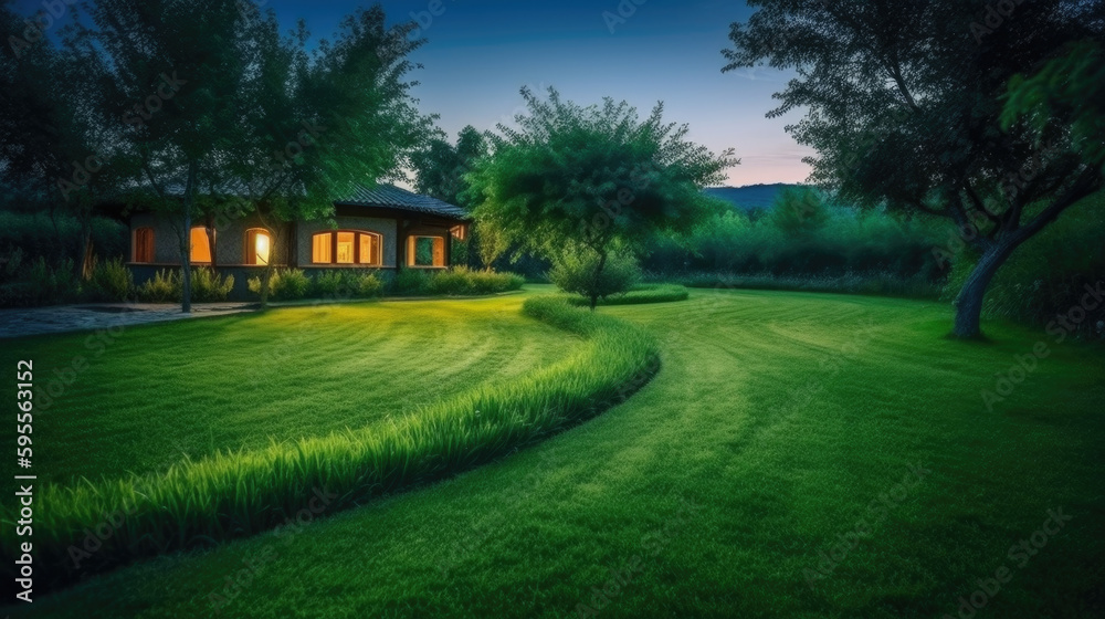 House in the middle of a green lawn at dusk. Generative AI