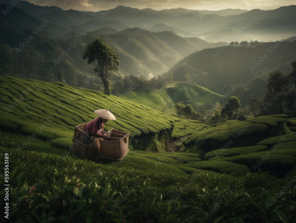 Woman sitting in a basket on top of a tea plantation. Generative AI Woman sitting in a basket on top of a tea plantation. Generative AI