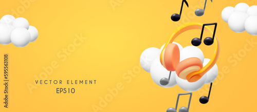 3D Headphones with notes and clouds. Music or game concept, poster design element.
