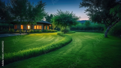House in the middle of a green lawn at dusk. Generative AI