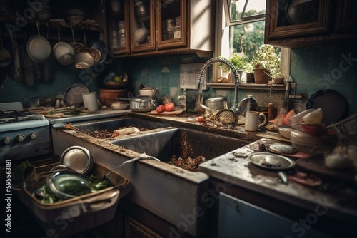 Untidy kitchen with blocked sink caused by spoiled sustenance and grimy dishes. Generative AI