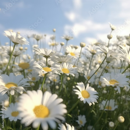 White daisies in a field with a blue sky. Generative AI