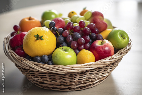assorted fresh fruits in a square basket isolated on white background, with copy space. High quality photo