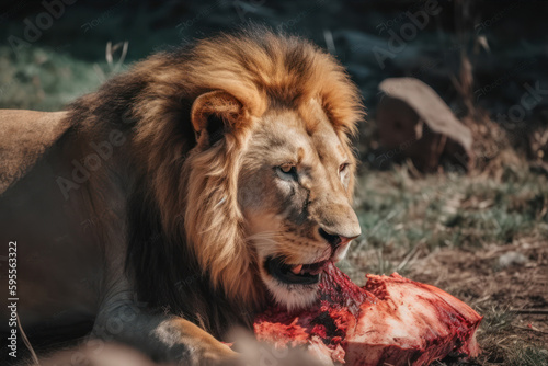 Lion eating meat at the masai mara reserve in Kenya generative ai