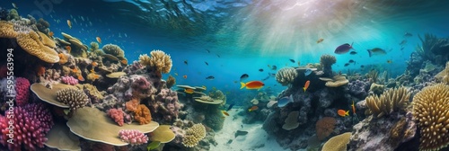 A mesmerizing underwater scene with coral reefs and colorful fish swimming gracefully among the aquatic plants, concept of Biodiversity Conservation, created with Generative AI technology © koldunova