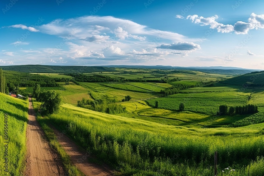 Panoramic rural landscape in Central Russia with hills, road, and agriculture. High-res summer view of Samara valleys. Generative AI