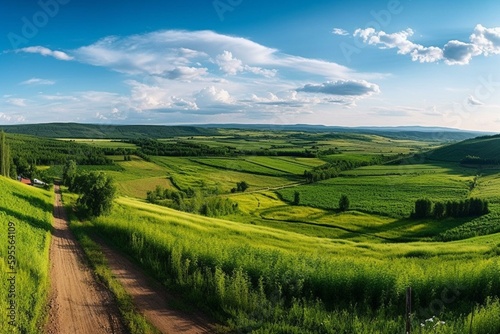 Panoramic rural landscape in Central Russia with hills, road, and agriculture. High-res summer view of Samara valleys. Generative AI