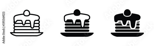 Pancakes bakery icon vector. Pancakes desserts with syrup and fruit on a plate. Pancakes icons in line and flat style. Bakery sign and symbol. Vector illustration