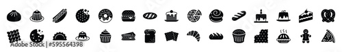 Bakery icons vector set in flat style. Bread, cupcake, pancake, donut, cake, pudding, biscuit, cookies, pie, humberger, pizza, sandwich, hot dog icon for apps and website symbol illustration photo