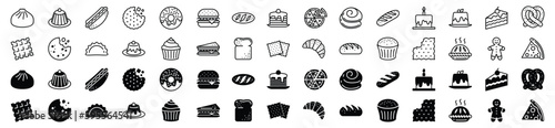 Bakery icons vector set in line and flat style. Bread, cupcake, pancake, donut, cake, pudding, biscuit, cookies, pie, humberger, pizza, sandwich, hot dog icon for apps and website symbol illustration