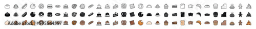 Bakery icons vector set. Bread, cupcake, pancake, donut, cake, pudding, biscuit, cookies, pie, humberger, pizza, sandwich, hot dog icon collection for apps and website symbol illustration