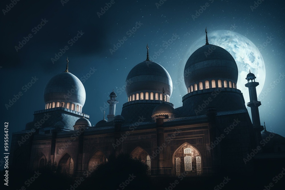 Moon shining behind three mosque domes and a star. Generative AI