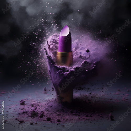 Purple Eruption: High-Resolution Commercial Photography of Designer Lipstick in Explosive Purple Dust, AI Generative