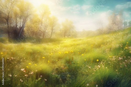 Vibrant watercolor scene of sunlit meadow in spring. Horizontal wall decor. Generative AI © Anika