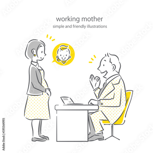 育児休暇を申請する女性と理解のある上司　シンプルでお洒落な線画イラスト © fumi