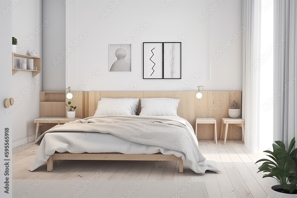 The Beauty of Minimalism: A Modern Bedroom Scandinavian influence , AI Generative The Beauty of Minimalism: A Modern Bedroom Scandinavian influence , AI Generative